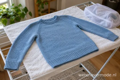 Blauwe trui van acryl plat op een handdoek op een droogrek, naast een waszak