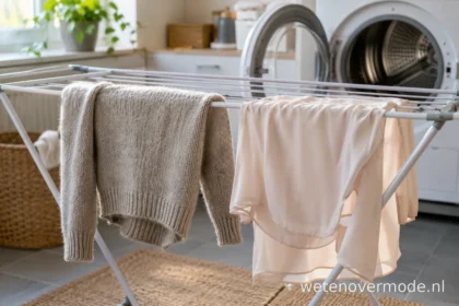 Wollen trui en dunne blouse op een droogrek naast een wasdroger