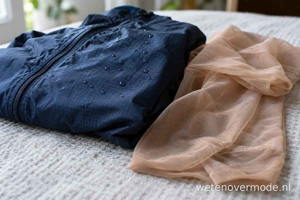Donkerblauw nylon jack met waterdruppels naast een dunne nylon panty