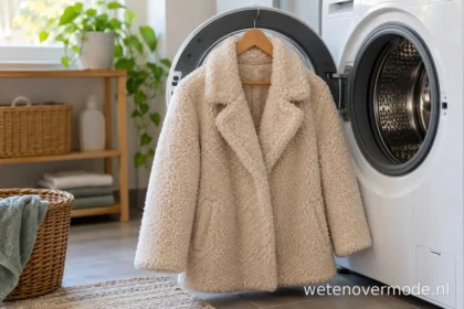 Crèmekleurige teddy jas op een hanger voor een open wasmachine